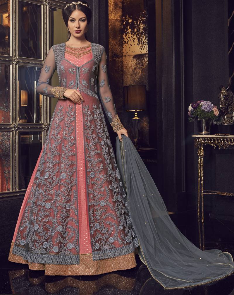 Grey Embroidered Net Salwar With Dupatta