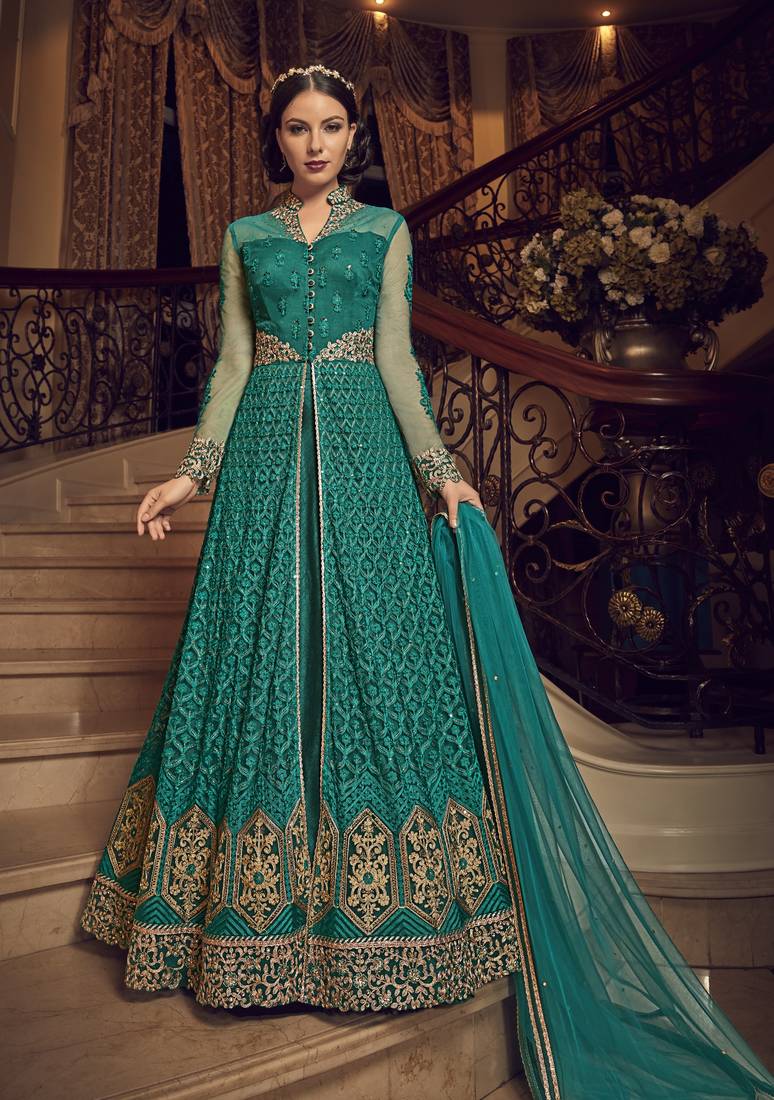 Turquoise Embroidered Net Salwar With Dupatta