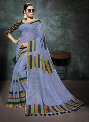 Purple printed linen saree with blouse 1