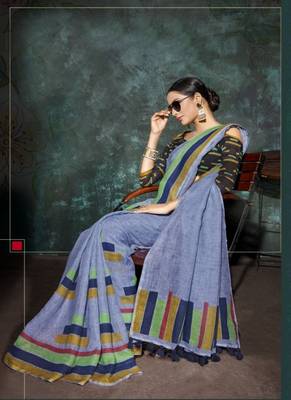 Purple printed linen saree with blouse 2