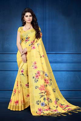 Yellow printed linen saree with blouse 1