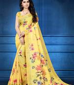 Yellow printed linen saree with blouse