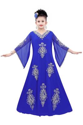 Royal Blue Georgette Embroidered Zari Work Islamic Kaftan For Girls 1
