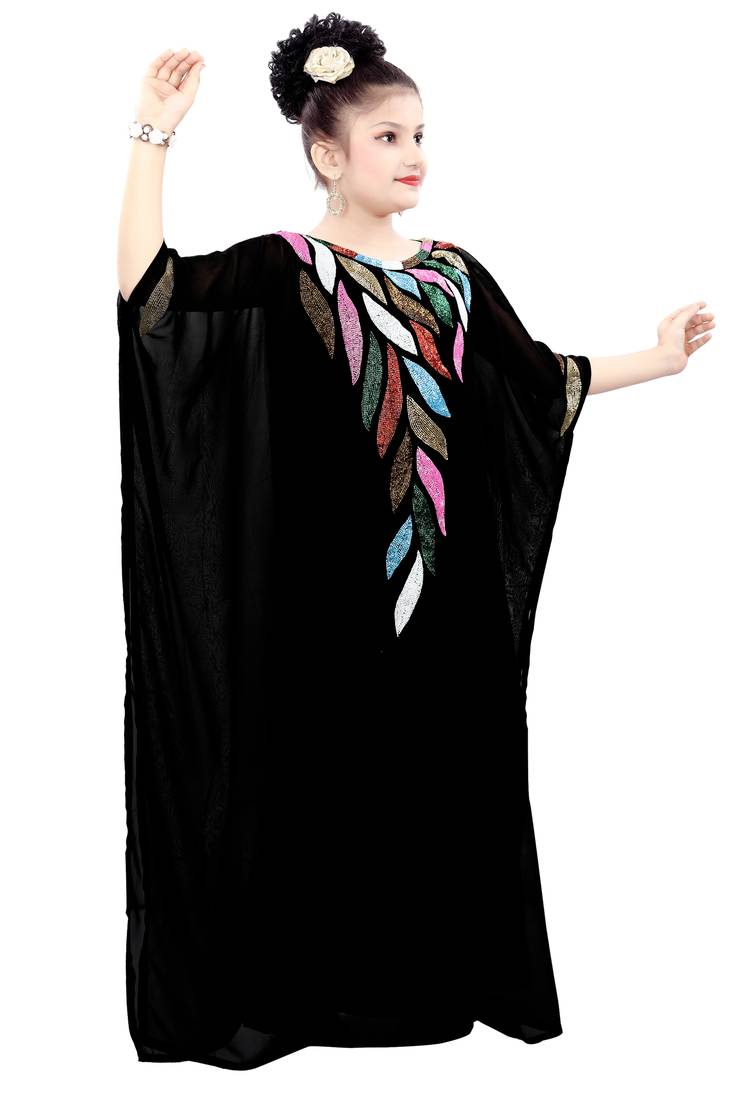 Black Georgette Embroidered Zari Work Islamic Kaftan For Girls