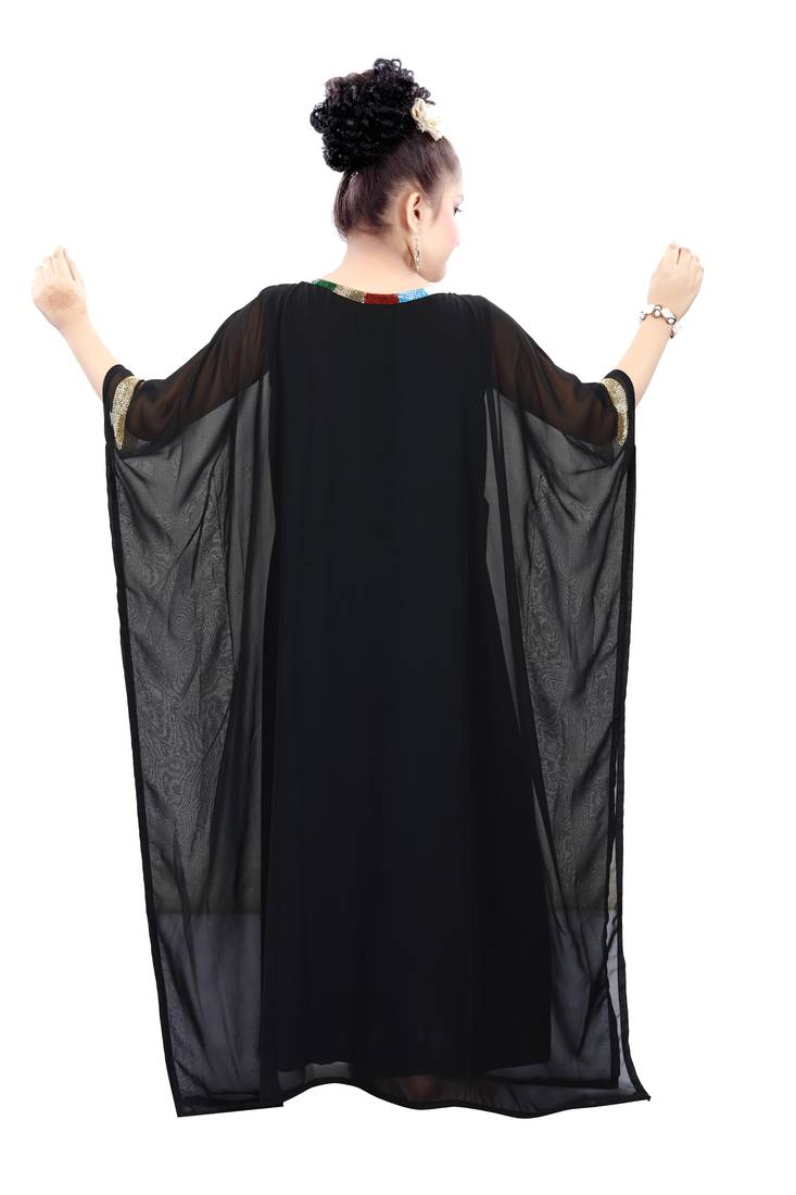 Black Georgette Embroidered Zari Work Islamic Kaftan For Girls