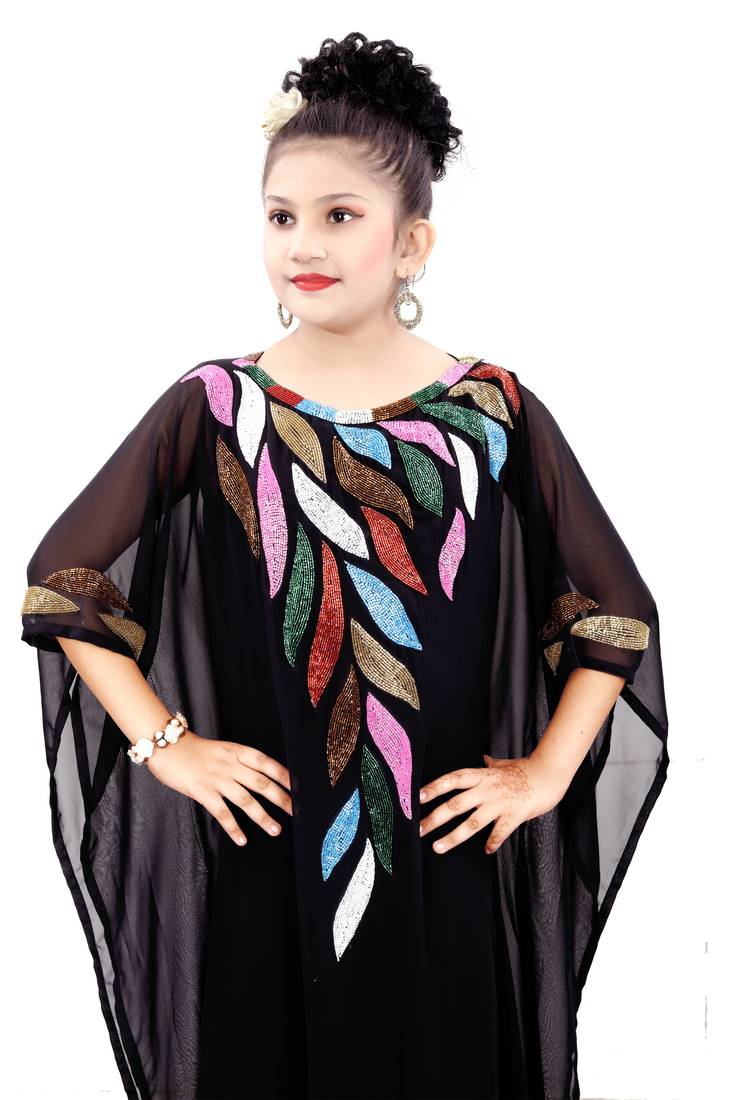 Black Georgette Embroidered Zari Work Islamic Kaftan For Girls