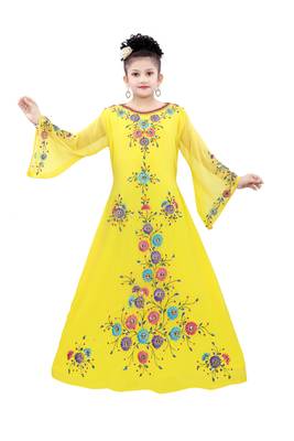 Yellow Georgette Embroidered Zari Work Islamic Kaftan For Girls 1