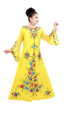 Yellow Georgette Embroidered Zari Work Islamic Kaftan For Girls 2