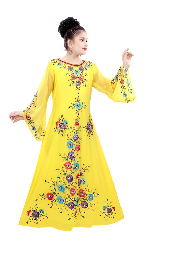 Yellow Georgette Embroidered Zari Work Islamic Kaftan For Girls