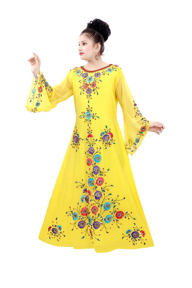 Yellow Georgette Embroidered Zari Work Islamic Kaftan For Girls