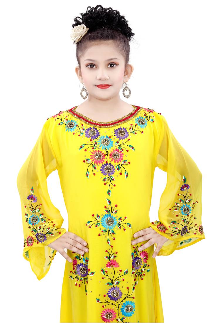 Yellow Georgette Embroidered Zari Work Islamic Kaftan For Girls