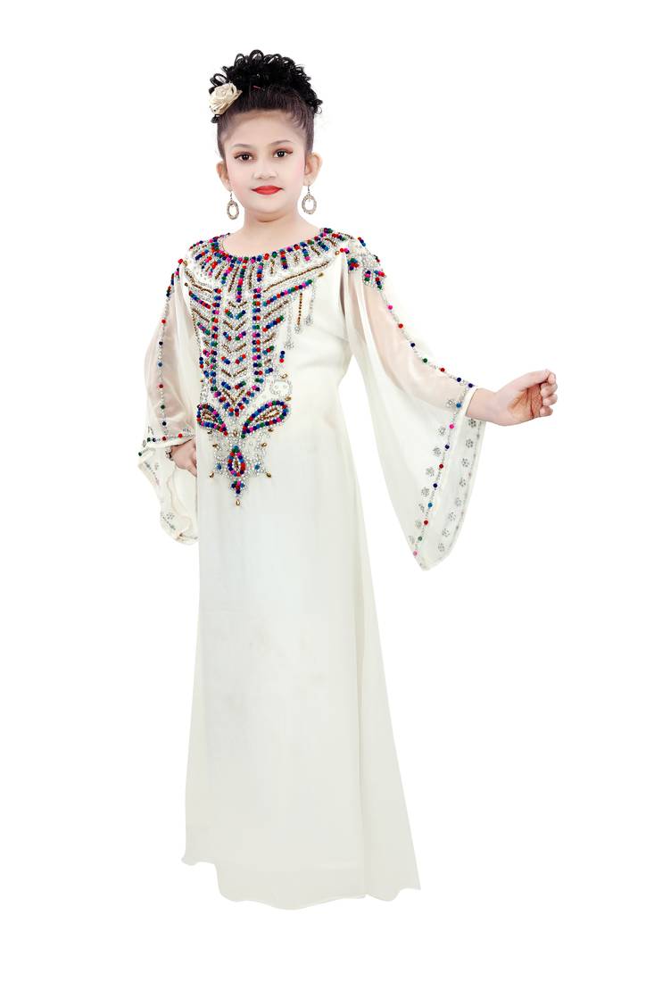 Off White Gerogette Embroidered Zari Work Islamic Kaftan For Girls