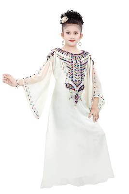Off White Gerogette Embroidered Zari Work Islamic Kaftan For Girls 3