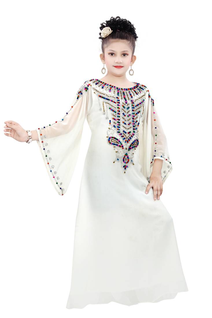 Off White Gerogette Embroidered Zari Work Islamic Kaftan For Girls