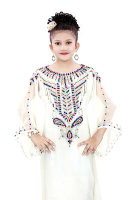 Off White Gerogette Embroidered Zari Work Islamic Kaftan For Girls 4