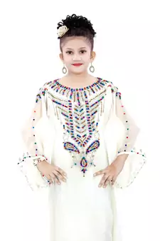Off White Gerogette Embroidered Zari Work Islamic Kaftan For Girls