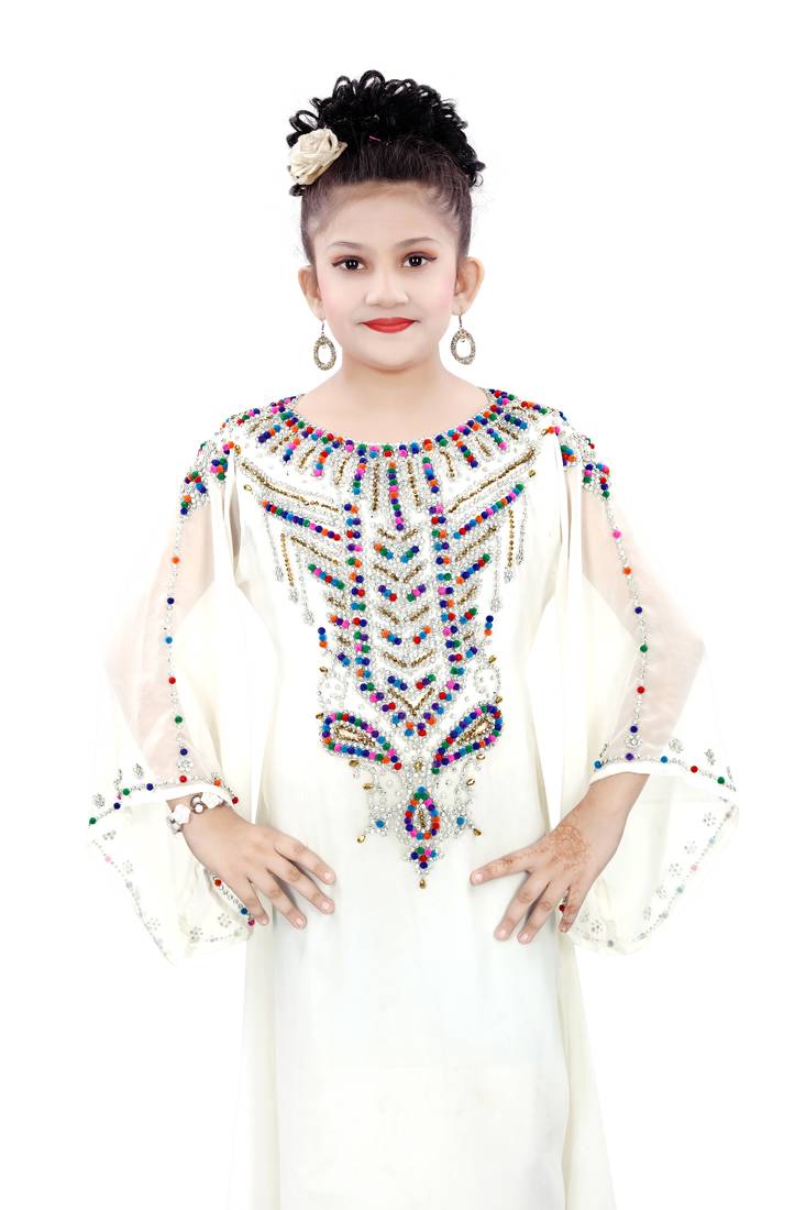 Off White Gerogette Embroidered Zari Work Islamic Kaftan For Girls