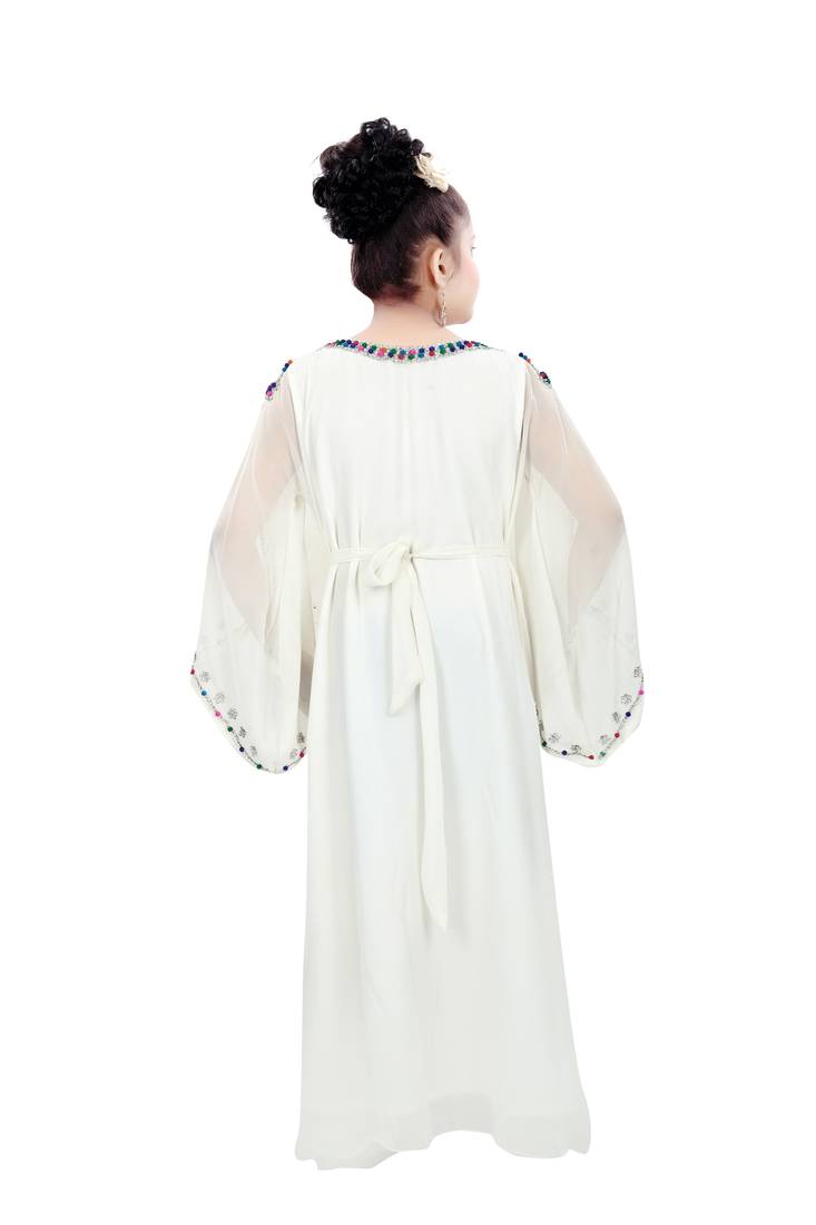 Off White Gerogette Embroidered Zari Work Islamic Kaftan For Girls