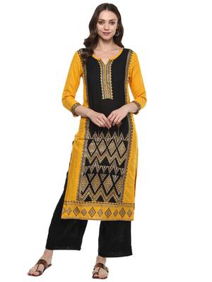 Yellow printed viscose kurtas-and-kurtis 1