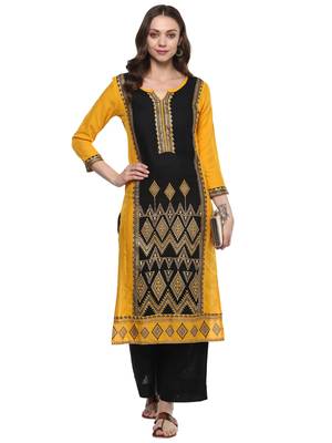 Yellow printed viscose kurtas-and-kurtis 2