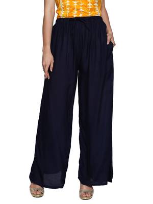 Ishin Rayon Navy Blue Solid Flared Women's Palazzos 1