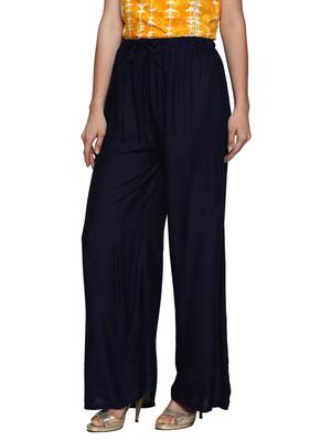 Ishin Rayon Navy Blue Solid Flared Women's Palazzos 3