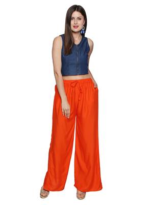 Ishin Rayon Orange Solid Flared Women's Palazzos 2