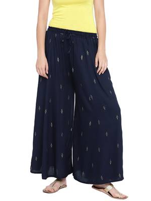 Ishin Women's Navy Blue Printed Flared Palazzos 1