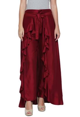 Ishin Rayon Maroon Solid Women's Flared Ruffle Palazzo 1