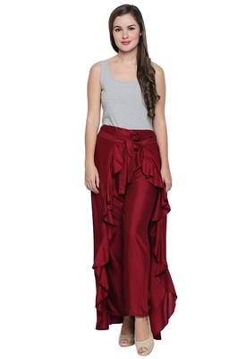 Ishin Rayon Maroon Solid Women's Flared Ruffle Palazzo 2