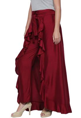 Ishin Rayon Maroon Solid Women's Flared Ruffle Palazzo 3