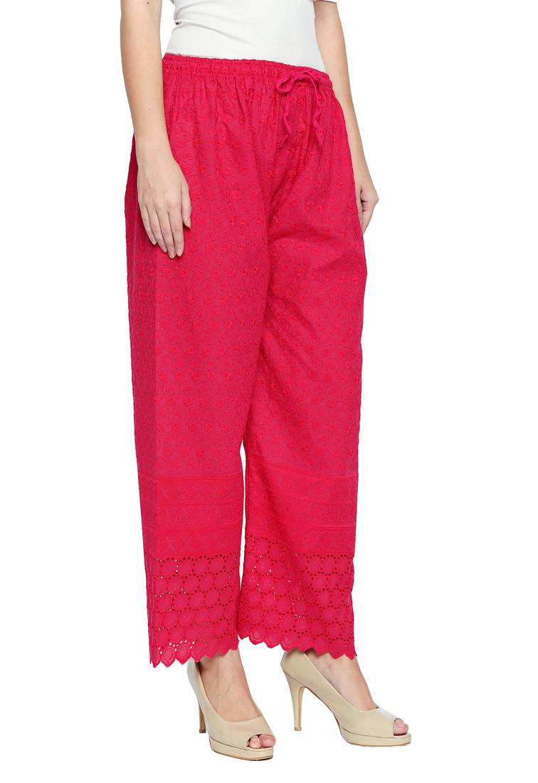 Elleven Women's Pink Solid Flared Cotton Palazzo With Side Pockets