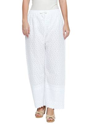 Ishin White Cotton Chikankari Solid Women's flared palazo 1