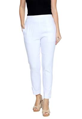 Ishin Cotton Lycra Stretchable White Solid Women's Cigarette Trousers 1