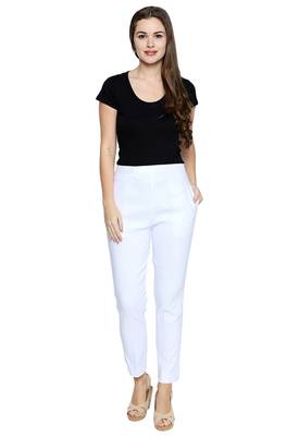 Ishin Cotton Lycra Stretchable White Solid Women's Cigarette Trousers 2