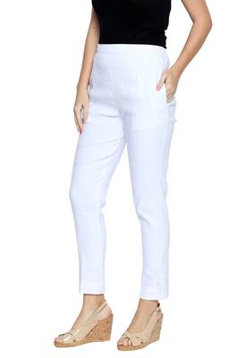 Ishin Cotton Lycra Stretchable White Solid Women's Cigarette Trousers 3