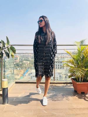 Black ikat fringe shirt dress 1