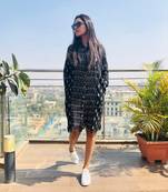 Black ikat fringe shirt dress