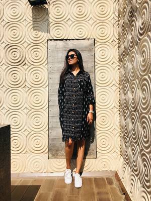 Black ikat fringe shirt dress 3