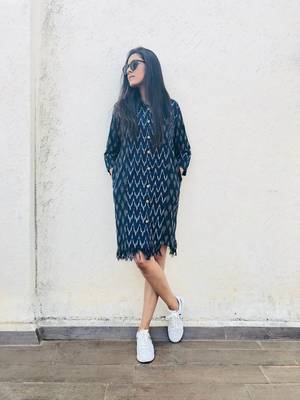 Blue ikat fringe shirt dress 1