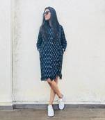 Blue ikat fringe shirt dress