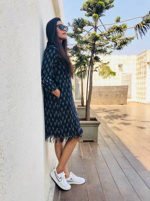 Blue ikat fringe shirt dress 2