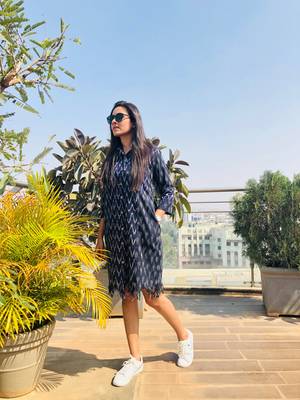 Blue ikat fringe shirt dress 3