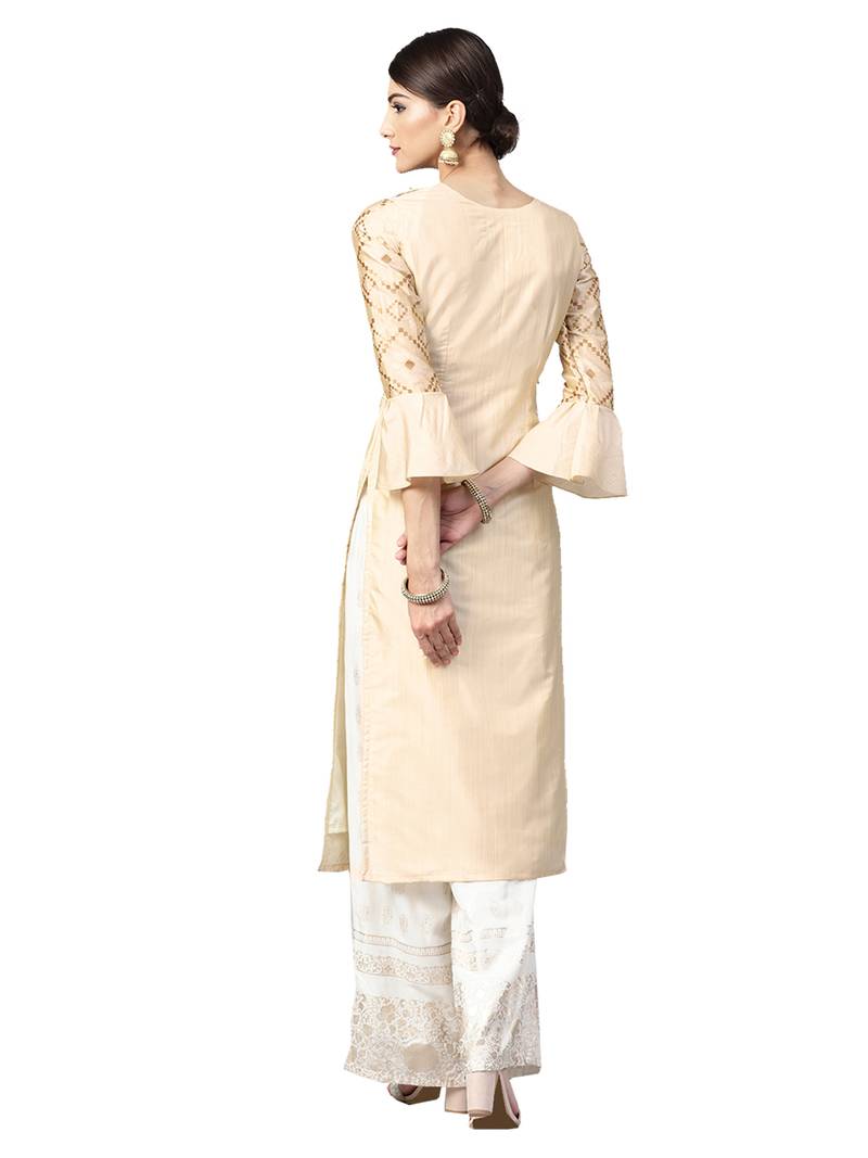 Beige Geometric Art Silk Kurta