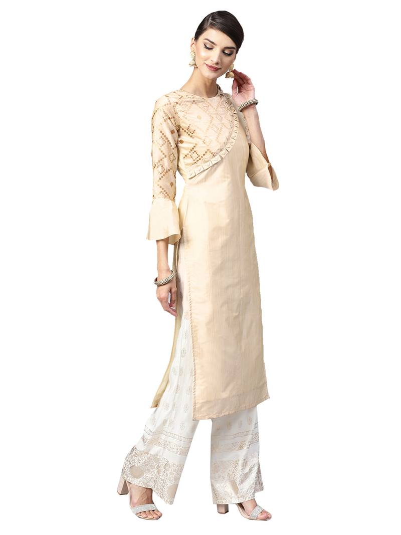 Beige Geometric Art Silk Kurta