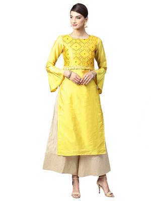 Yellow Geometric Art Silk Kurta 1