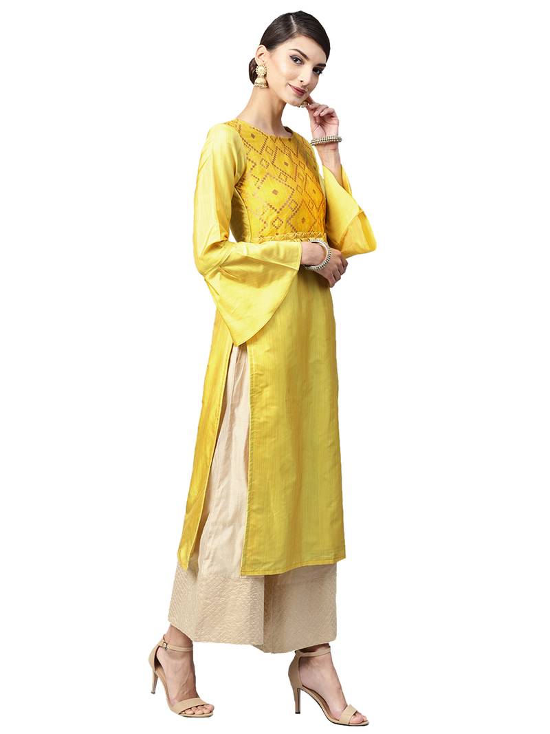 Yellow Geometric Art Silk Kurta