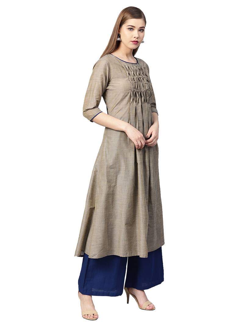 Beige Solid Cotton Kurta