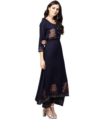 Navy blue printed viscose palazzo kurta 3