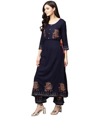Navy blue printed viscose palazzo kurta 4